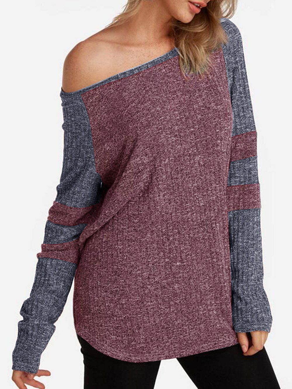 

Two Tone Skew Neck Raglan Sleeve Knitwear, Multi