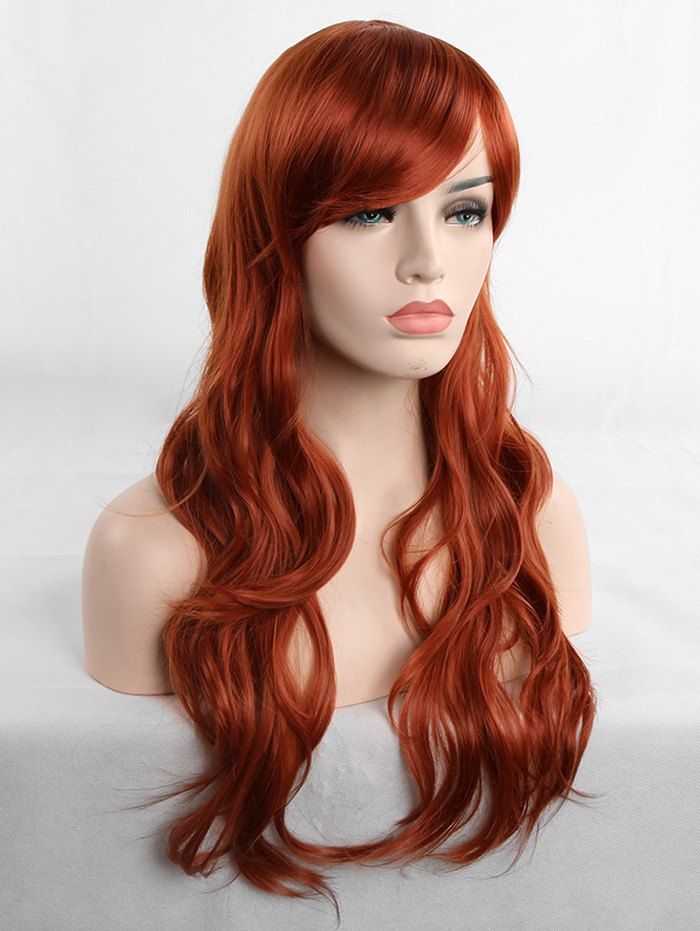 

Long Inclined Fringe Wavy Cosplay Synthetic Wig, Mahogany