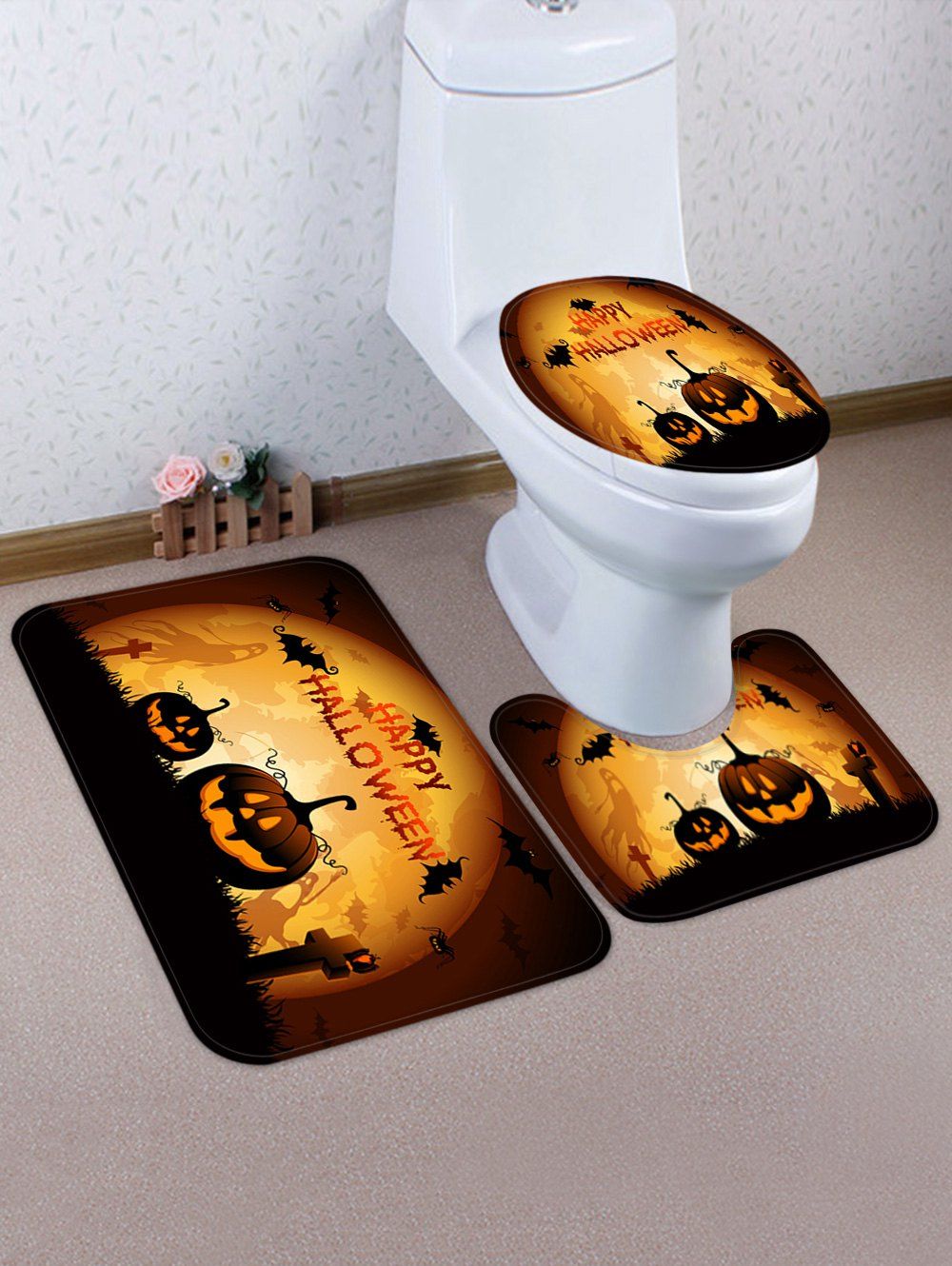 

Halloween Moon Night Pumpkin Print 3 Pcs Toilet Mat Set, Multi