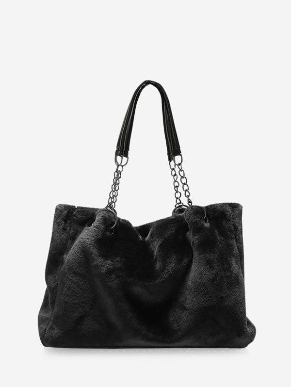 

Solid Plush Chain Rectangle Handbag, Black