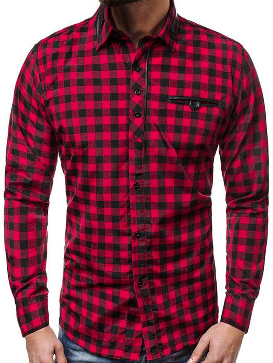 

Checkered Print Curved Hem Long Sleeve Button Shirt, Red