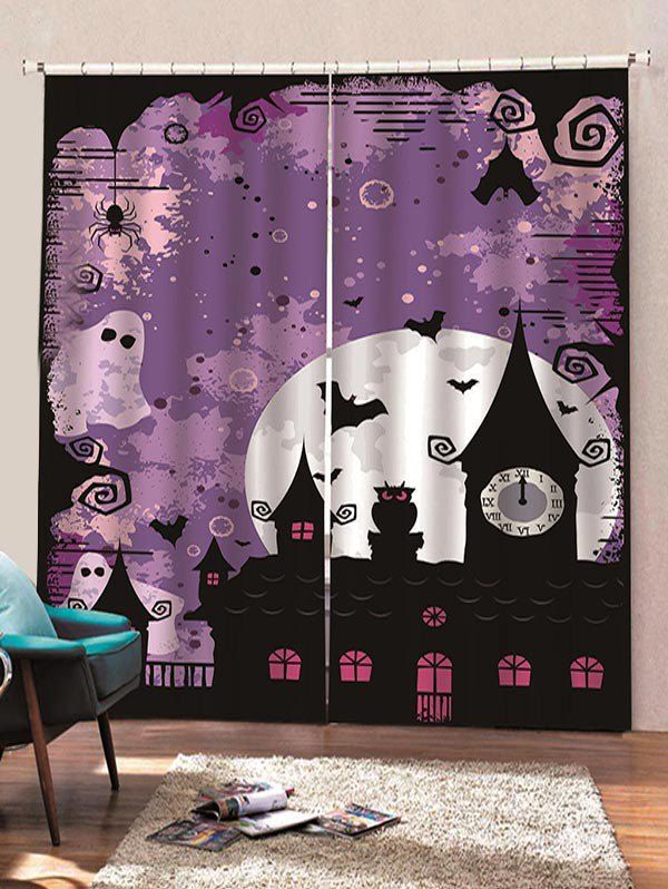 

2 Panels Halloween Moon Night Castle Print Window Curtains, Multi-c
