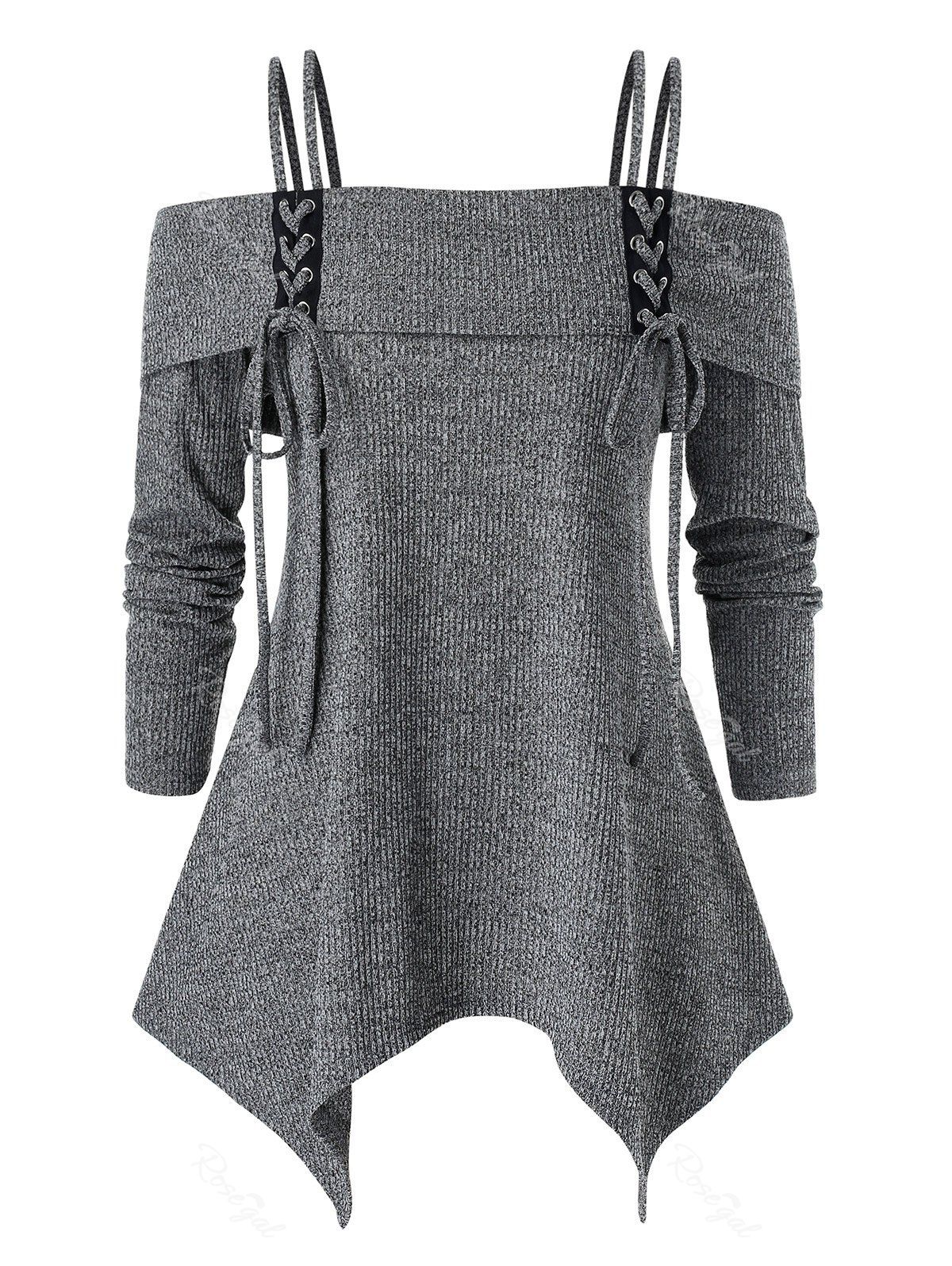 

Plus Size Cami Cold Shoulder Lace Up Sweater, Dark gray
