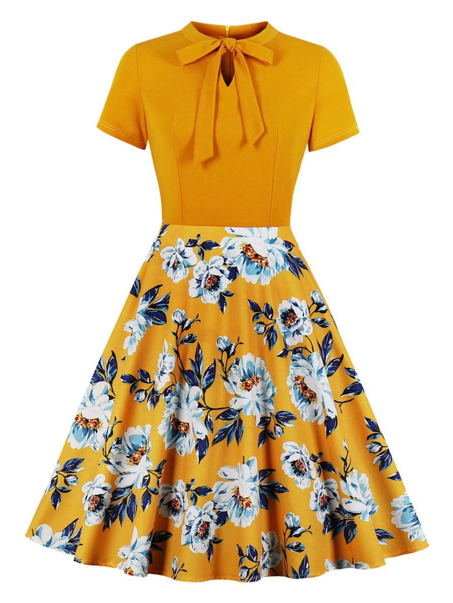 

Floral Pussy Bow Fit and Flare Dress, Bright yellow