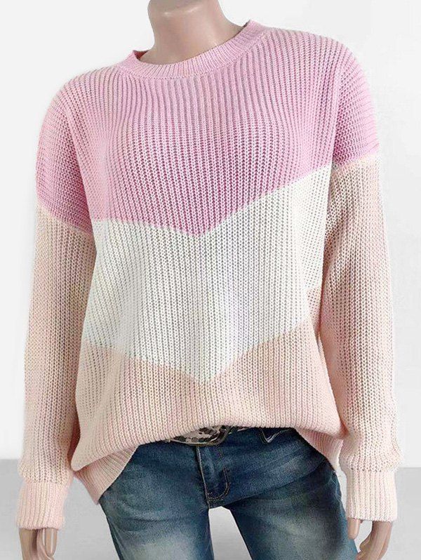 

Colorblock Crew Neck Loose Sweater, Pink