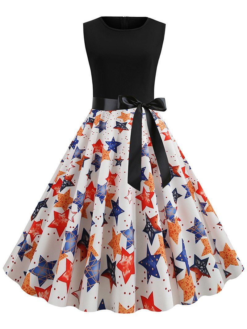 

Stars Print Sleeveless Fit and Flare Dress, Multi