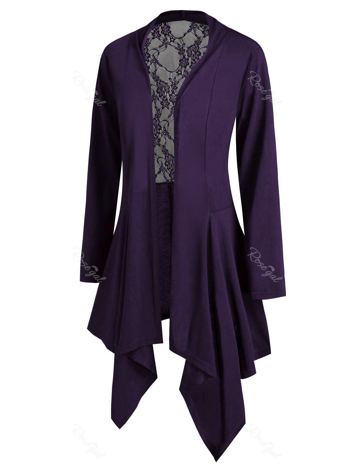 

Handkerchief Lace Panel Open Front Plus Size Cardigan, Purple
