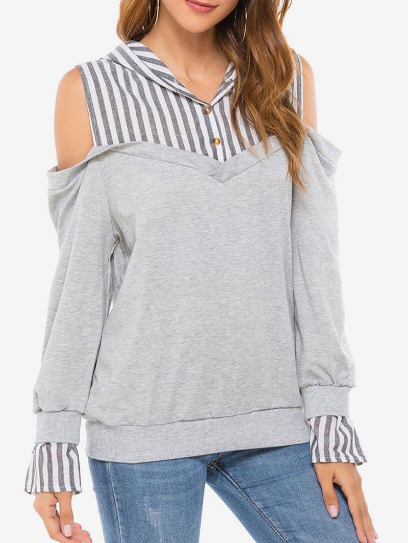 

Striped Panel Marled Cold Shoulder Hoodie, Gray