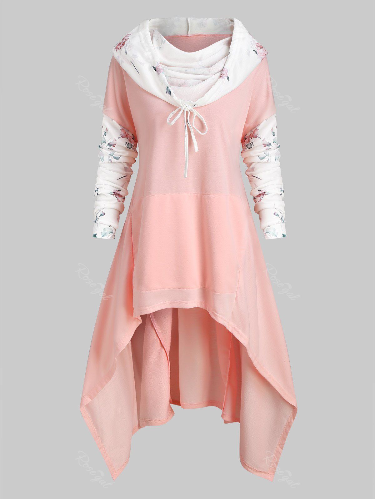 

Plus Size Flower High Low Front Pocket Hoodie, Sakura pink