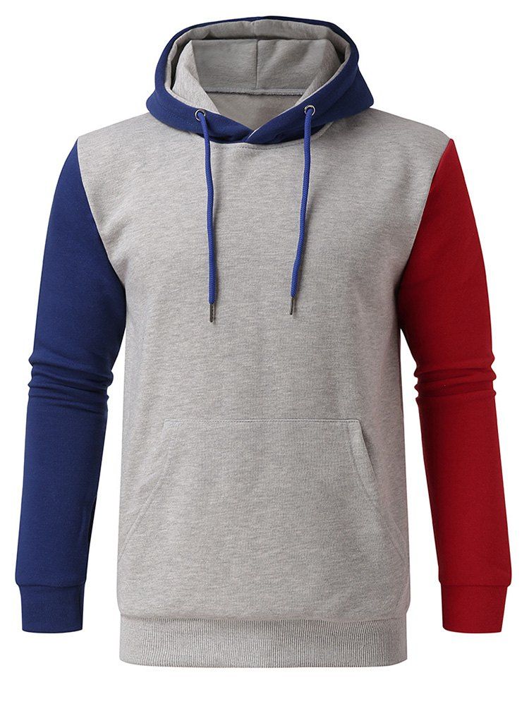 

Color Spliced Pocket Decorated Hoodie, Blue