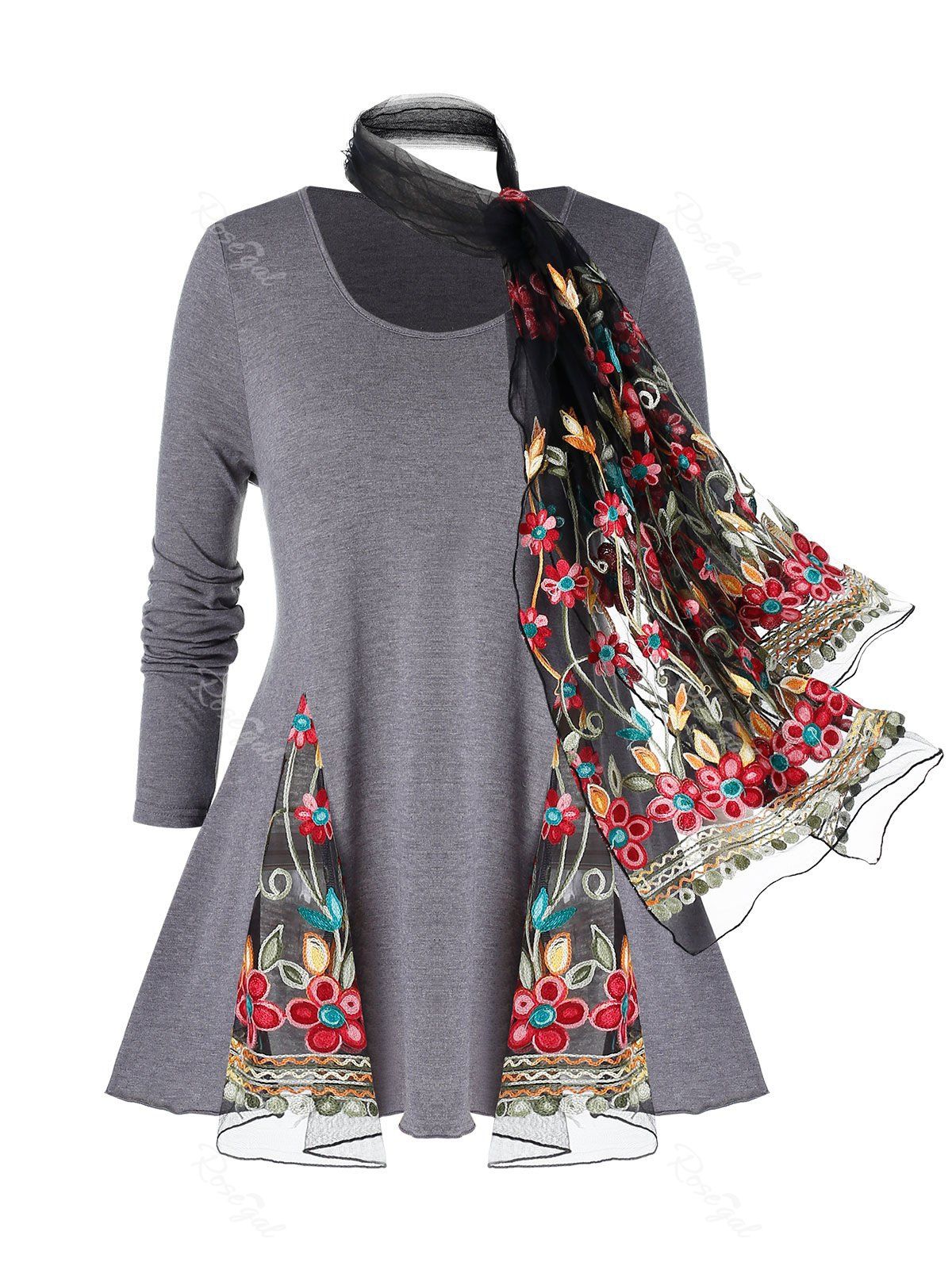 

Plus Size Mesh Insert Space Dye T Shirt And Embroidery Scarf, Gray