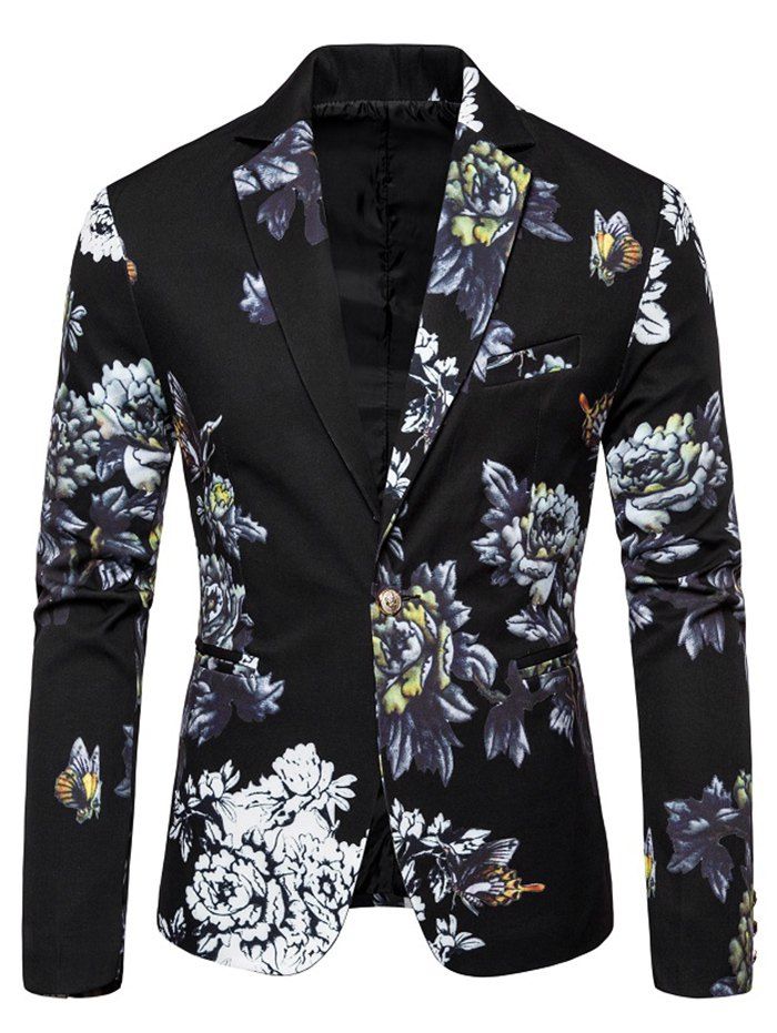 

Flower Print Faux Pocket Casual Blazer, Black