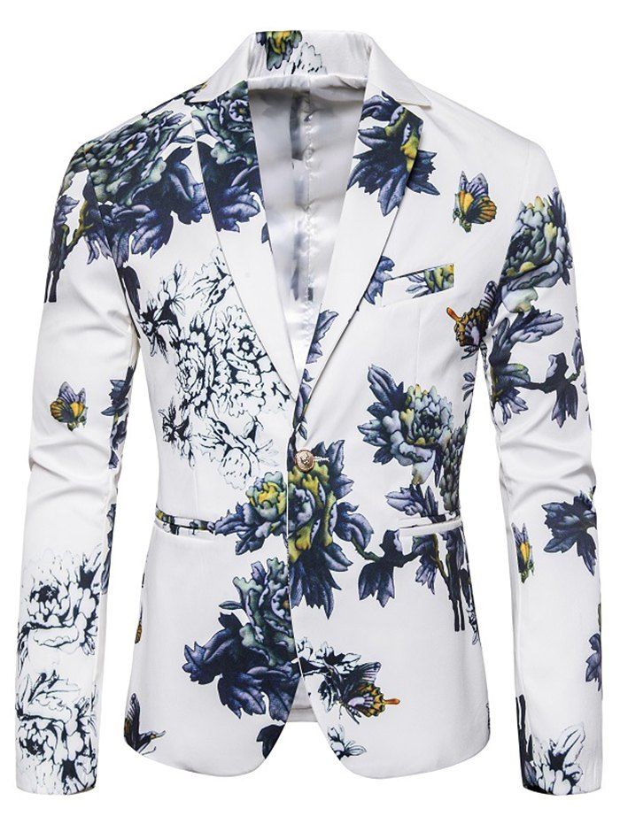 

Flower Print Faux Pocket Casual Blazer, White