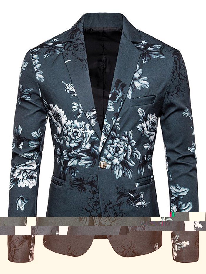 

Flower Print Faux Pocket Casual Blazer, Army green
