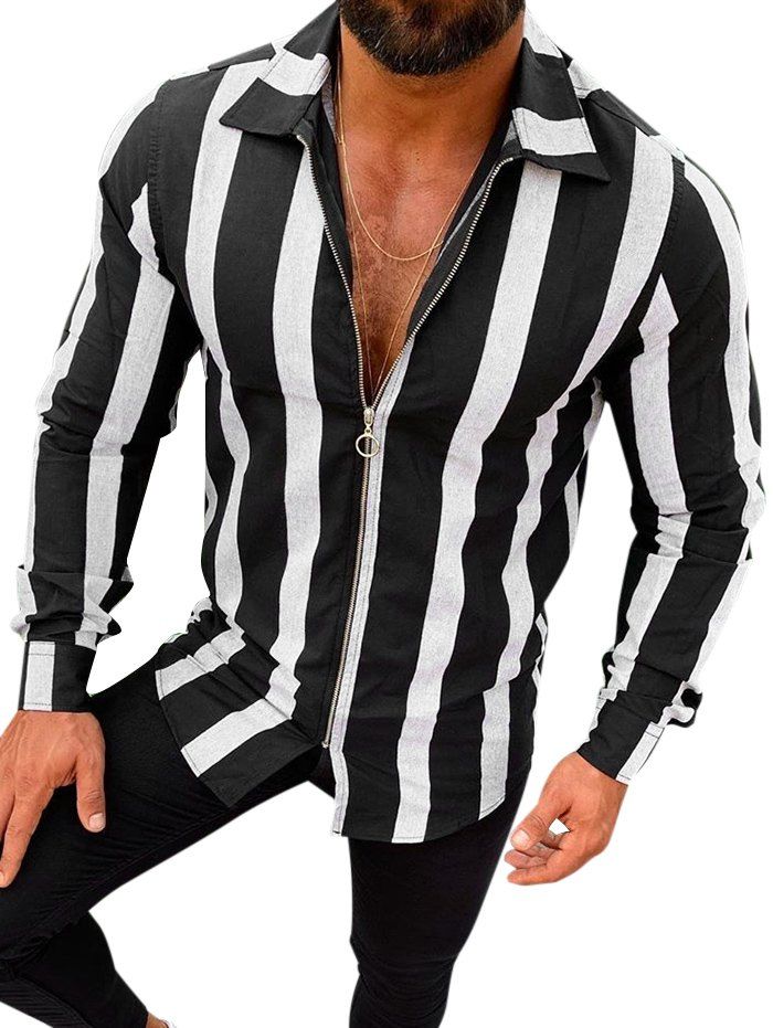 

Colorblock Stripes Long Sleeve Zip Up Shirt, Black