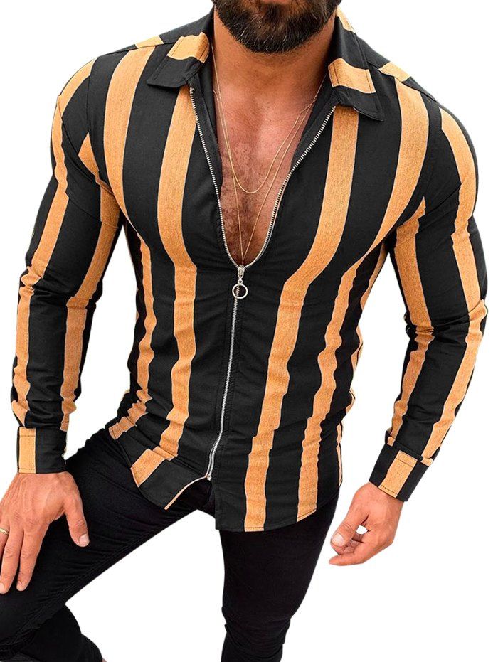 

Colorblock Stripes Long Sleeve Zip Up Shirt, Golden brown