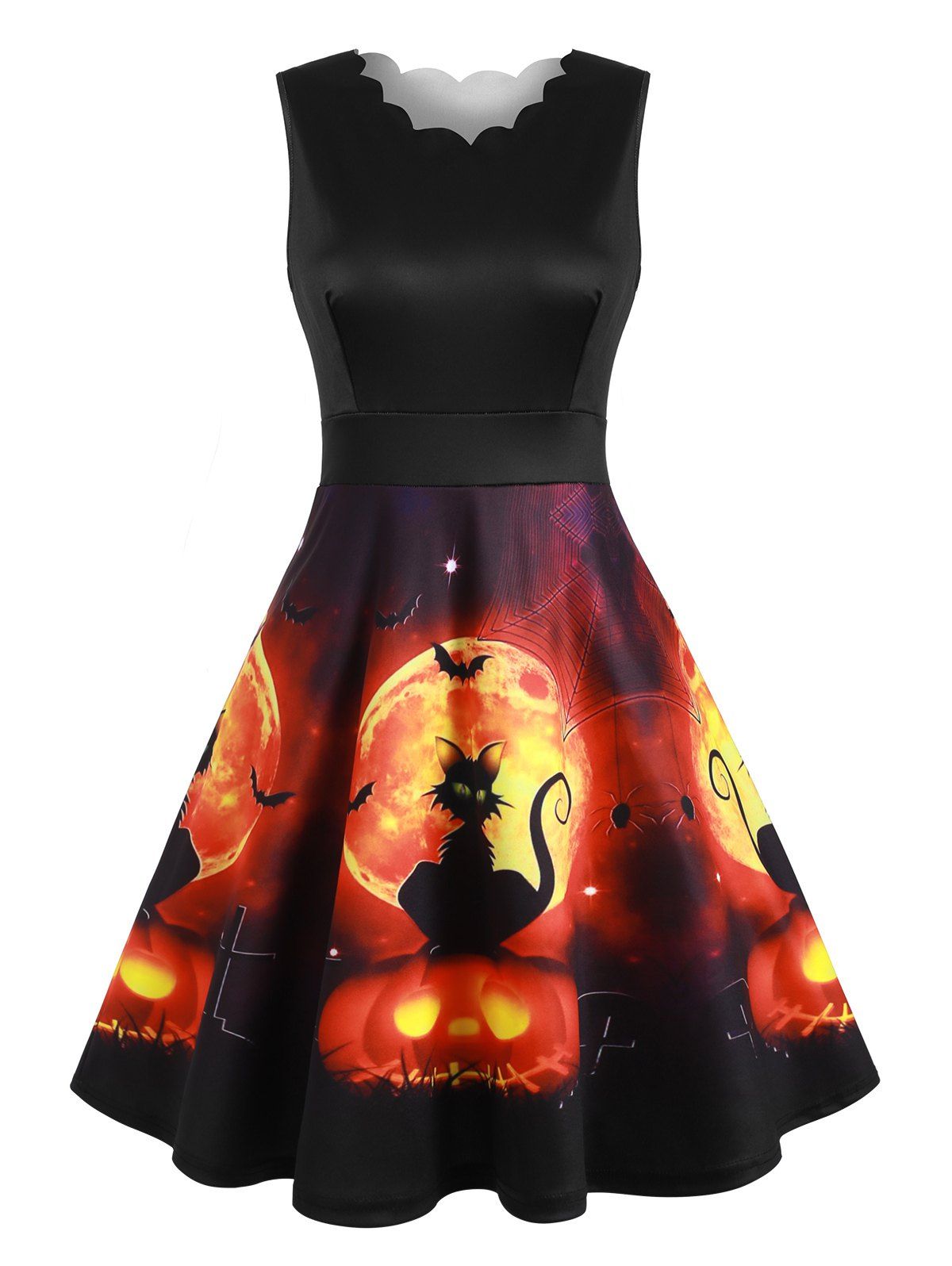 

Halloween Cat Pumpkin Scalloped A Line Dress, Multi-a