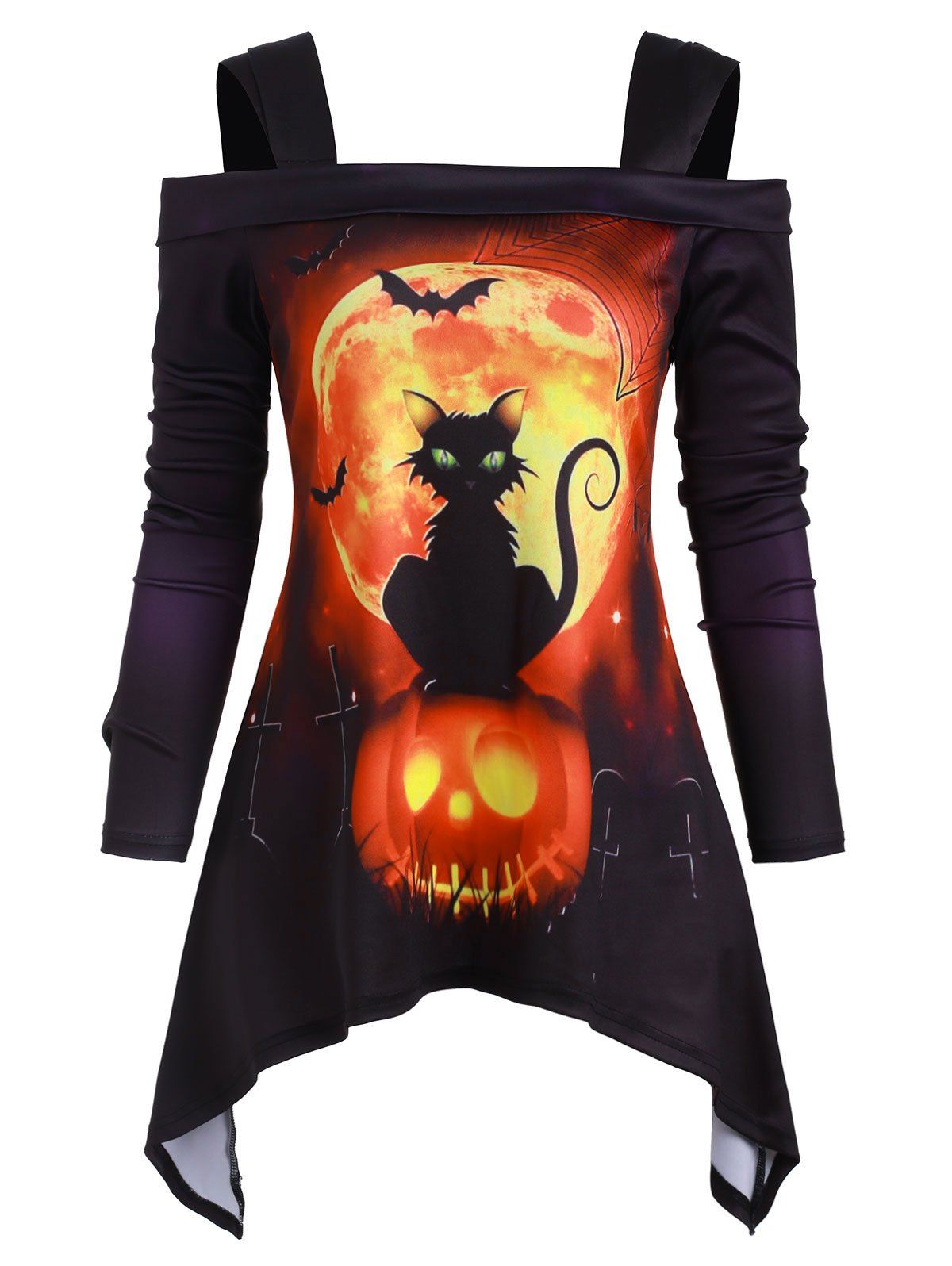 

Halloween Cat Pumpkin Open Shoulder Asymmetrical T-shirt, Multi