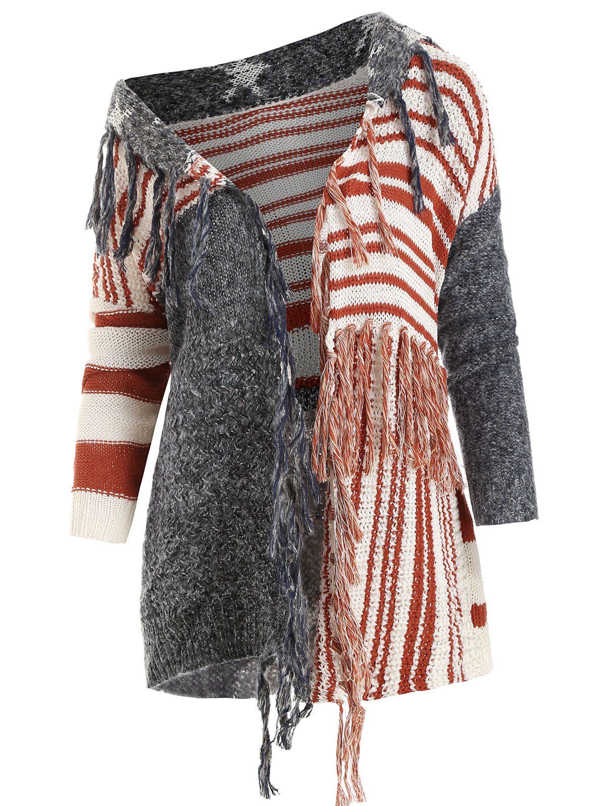 

Tassel Striped Open Front Drop Shoulder Cardigan, Multi