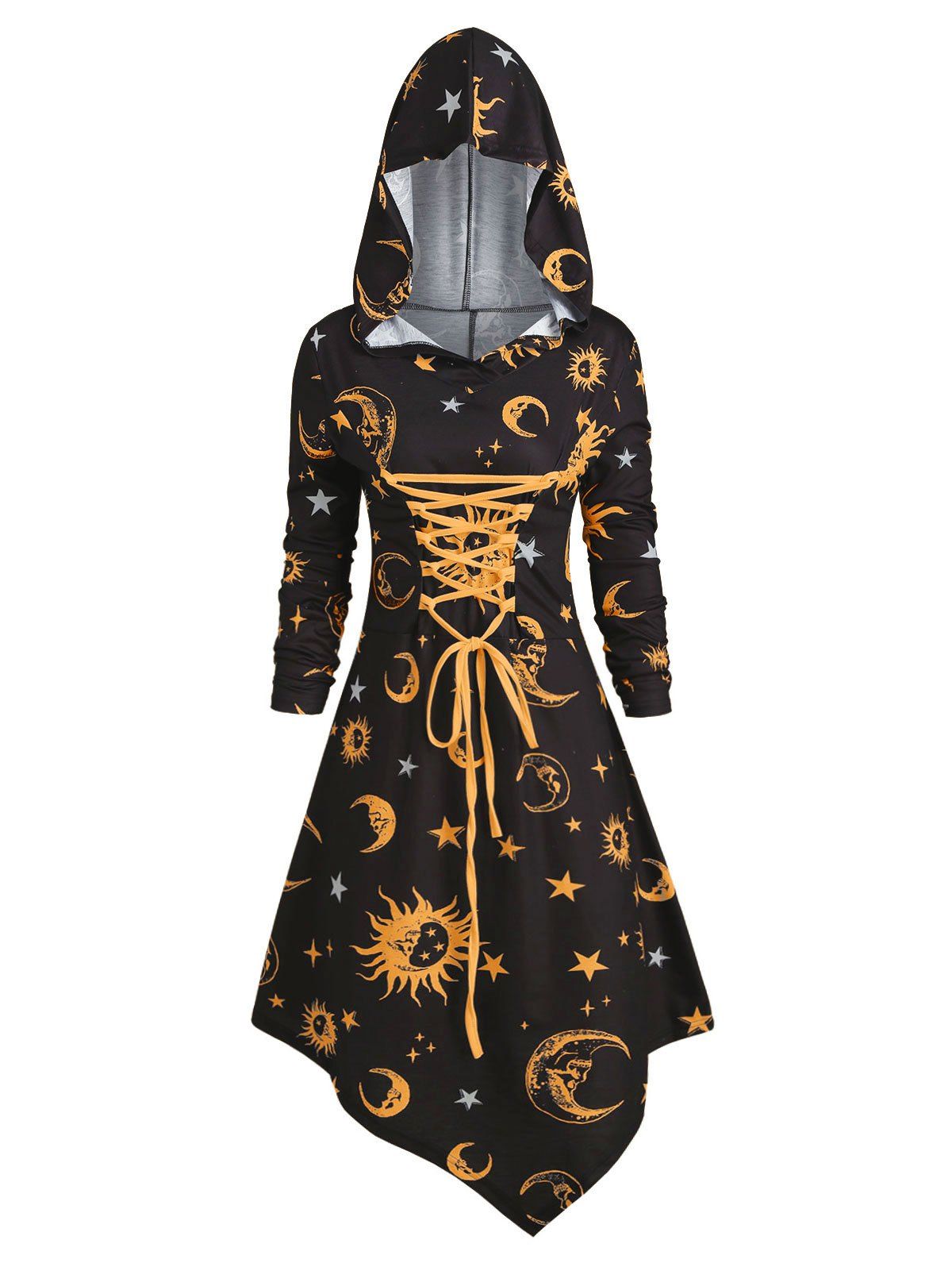 

Skull Sun and Moon Lace Up Halloween Asymmetric Dress, Yellow