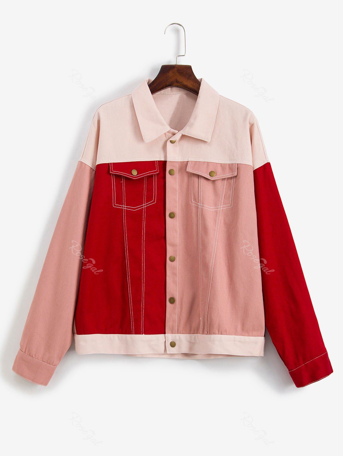 

Plus Size Colorblock Snap Button Denim Jacket, Red wine