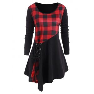 

Plus Size Asymmetric Lace Up Plaid T Shirt, Black