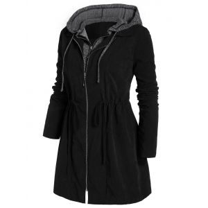 

Plus Size Marled Panel Hooded Tunic Coat, Black