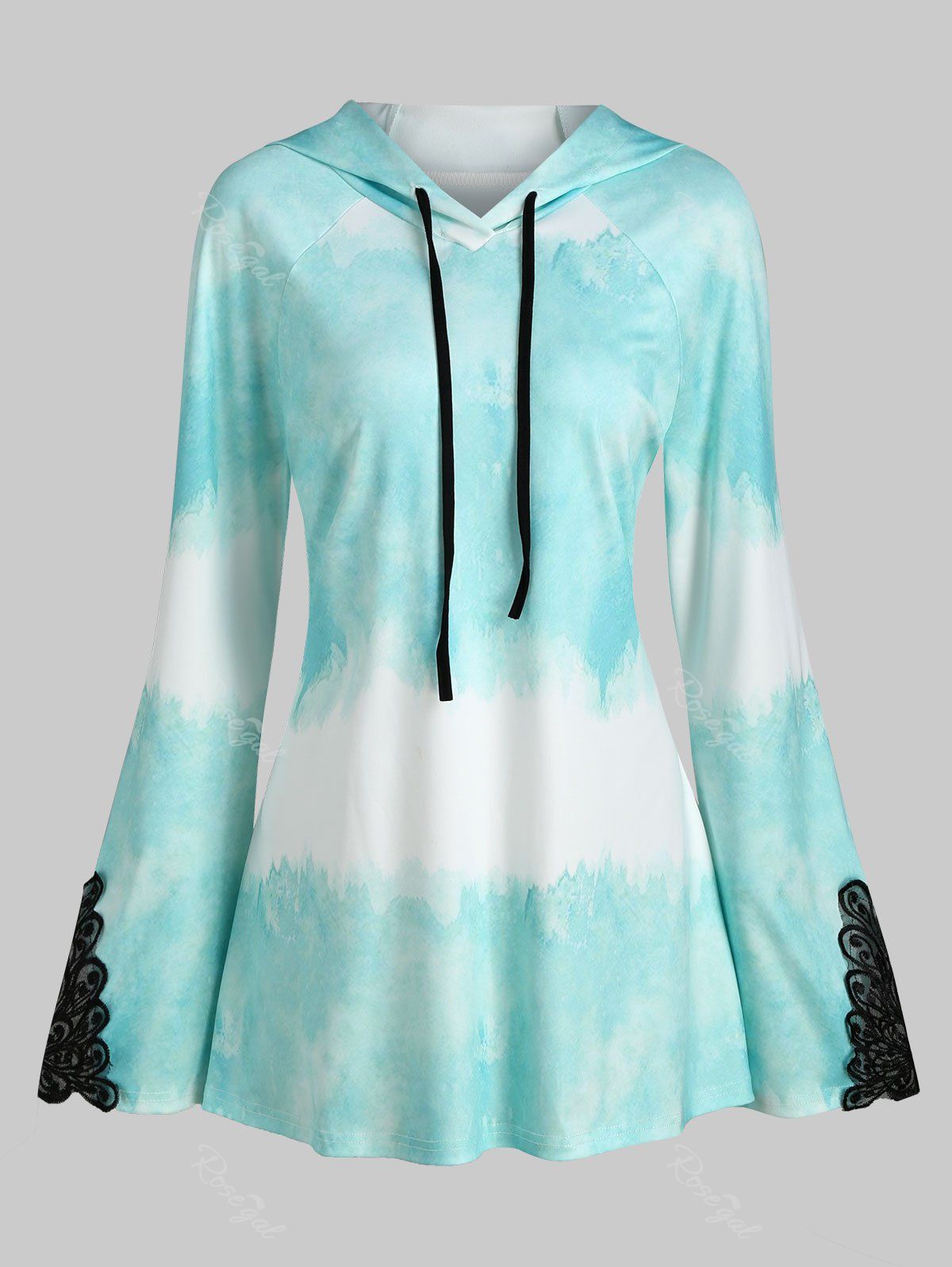

Drawstring Raglan Sleeve Lace Panel Tie Dye Plus Size Hoodie, Green