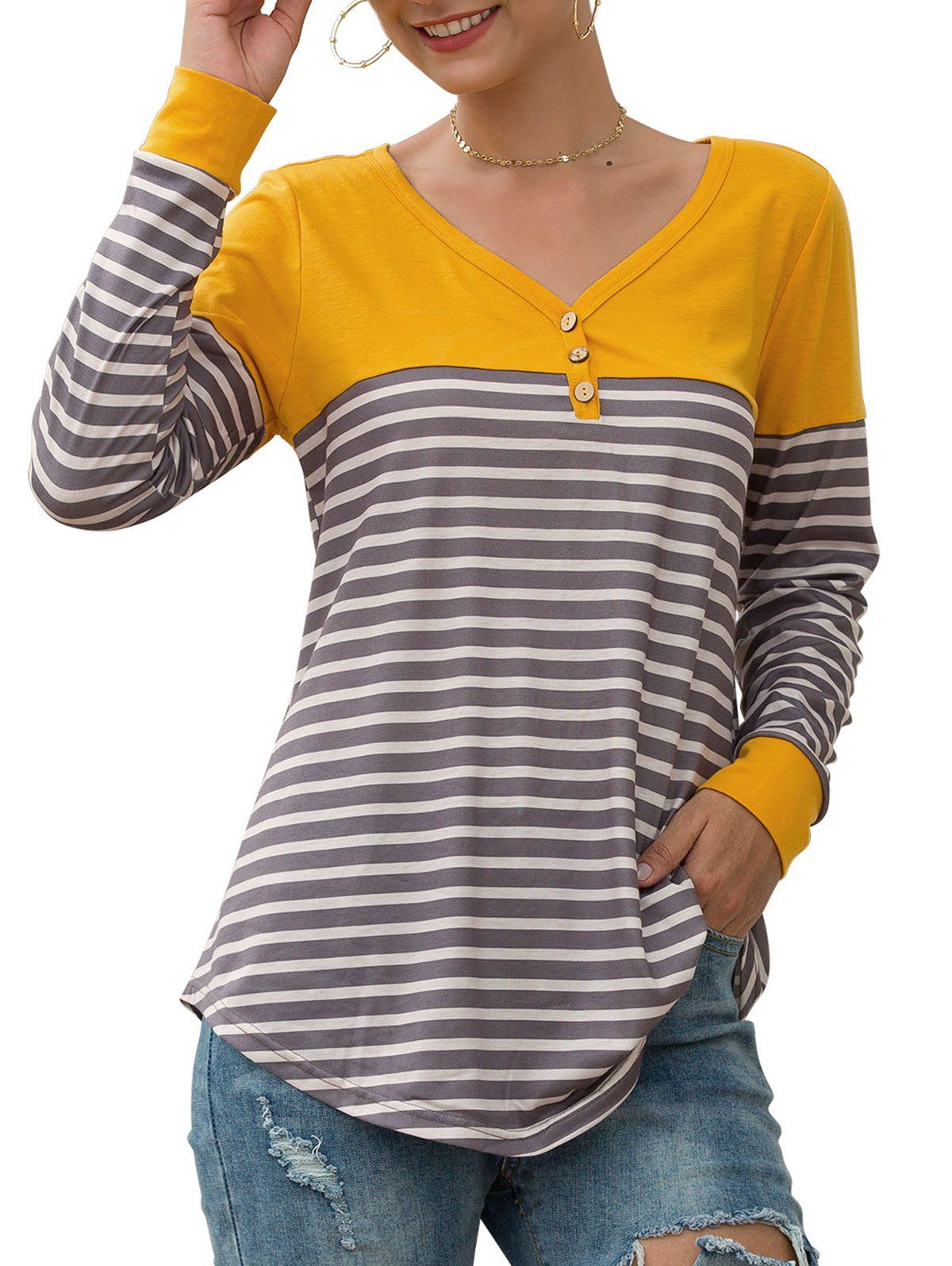 

Button Embellished Longline Striped T-shirt, Yellow