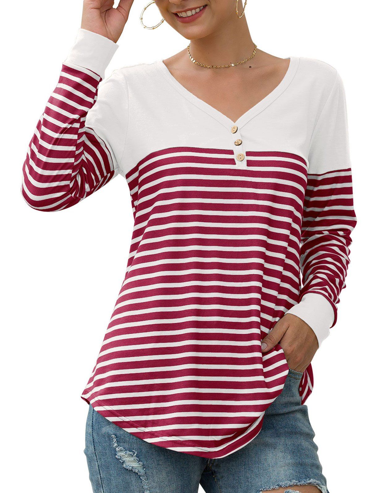 

Button Embellished Longline Striped T-shirt, Red