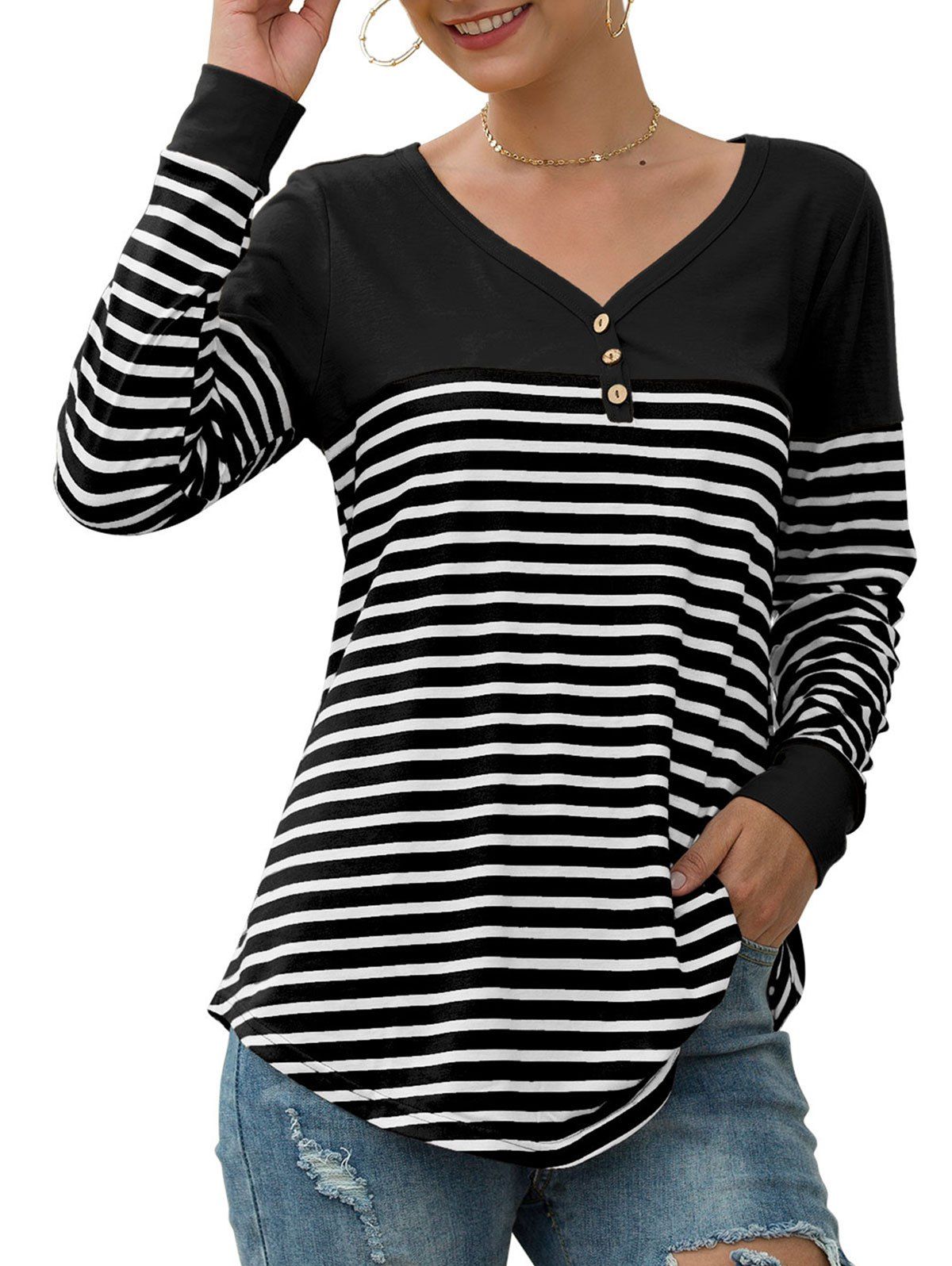 

Button Embellished Longline Striped T-shirt, Black