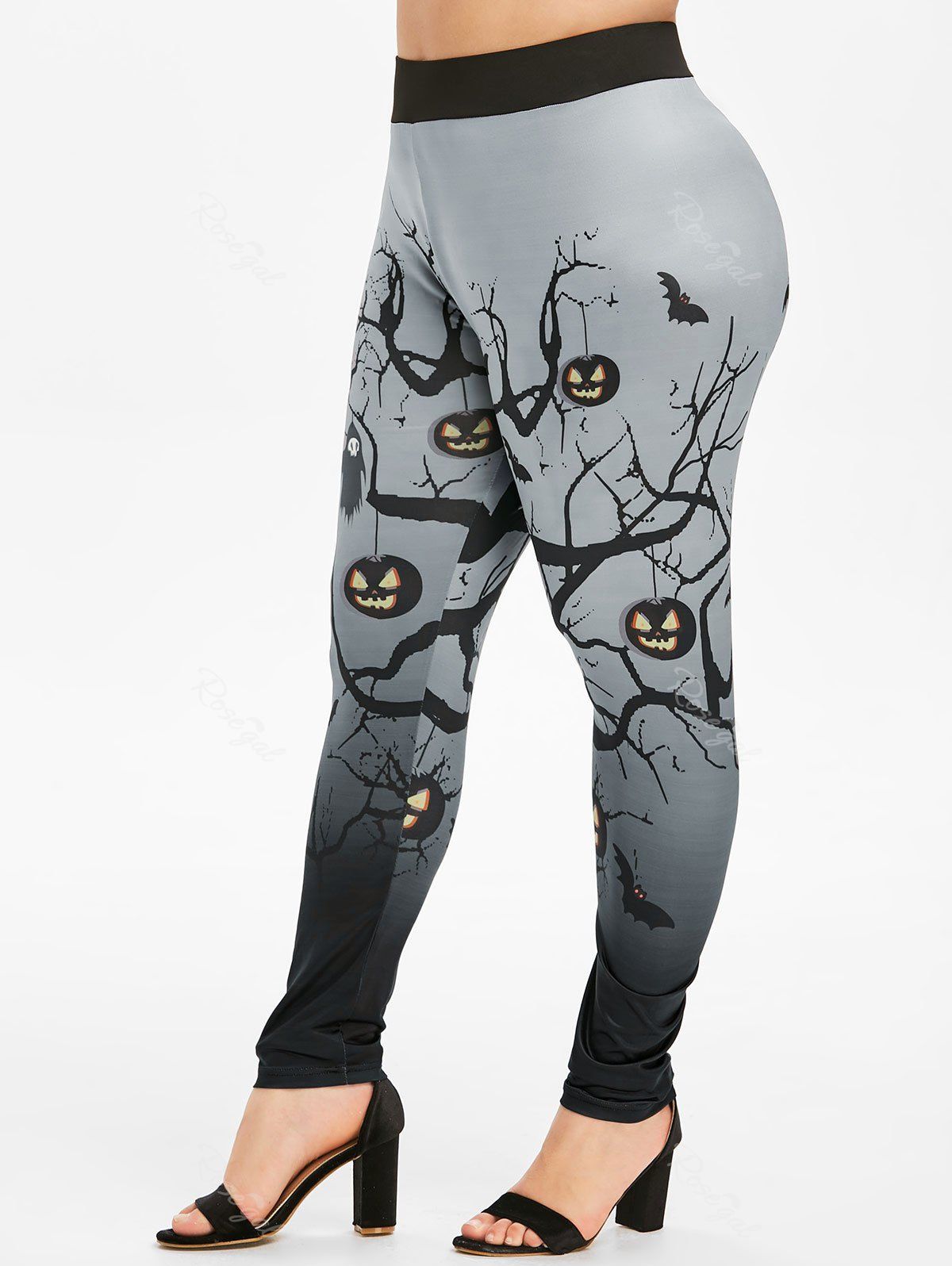 

Plus Size 3D Branch Bat Pumpkin Ghost Print Halloween Leggings, Black