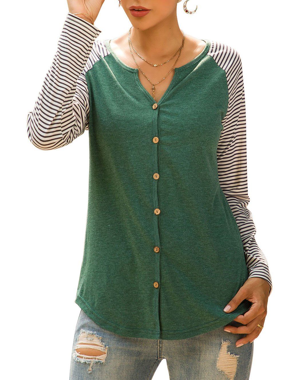 

Raglan Sleeve Striped Button Up Top, Deep green