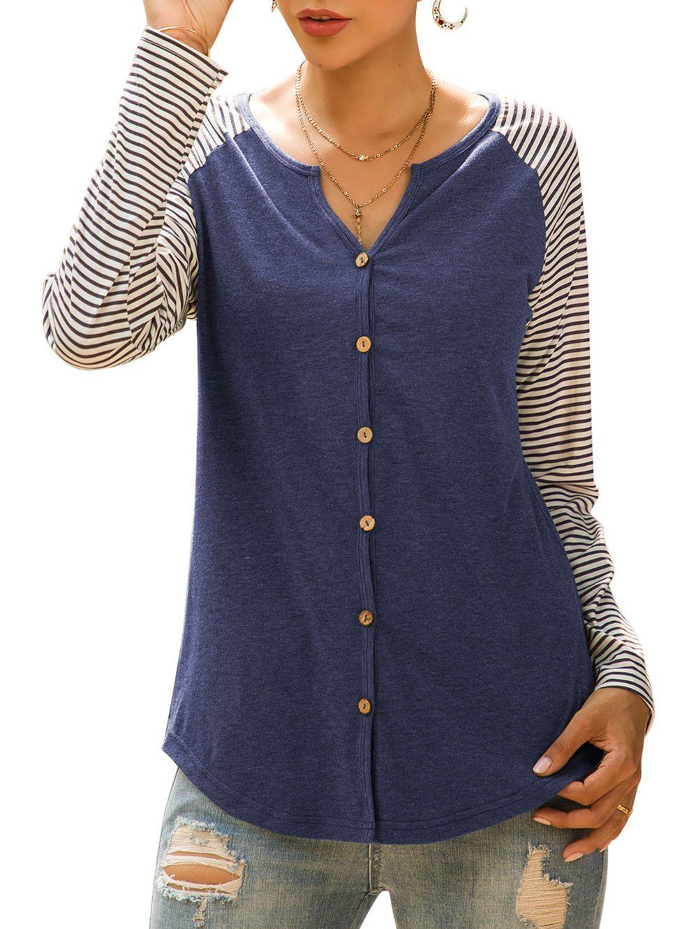 Raglan Sleeve Striped Button Up Top, Cadetblue