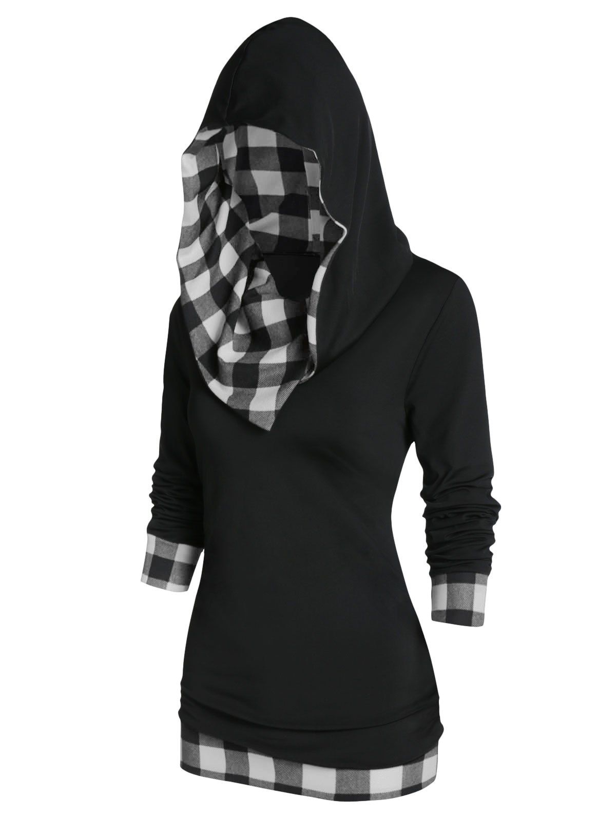 

Plaid Panel Hooded Tunic T Shirt, Platinum