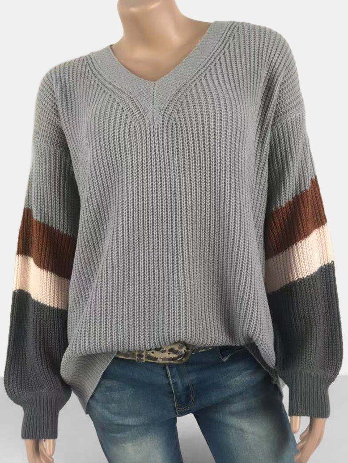 

V Neck Contrast Casual Sweater, Gray