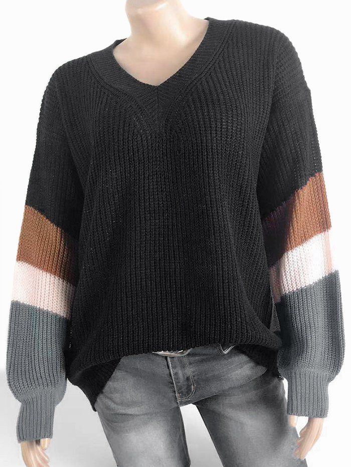 

V Neck Contrast Casual Sweater, Black