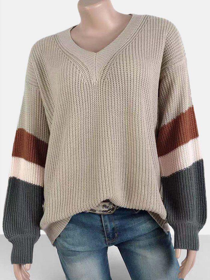 

V Neck Contrast Casual Sweater, Khaki