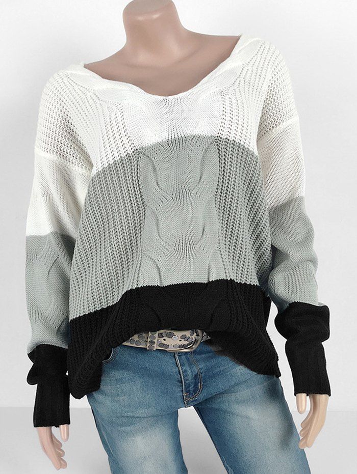 

Colorblock Cable Knit Chunky Loose Sweater, Gray