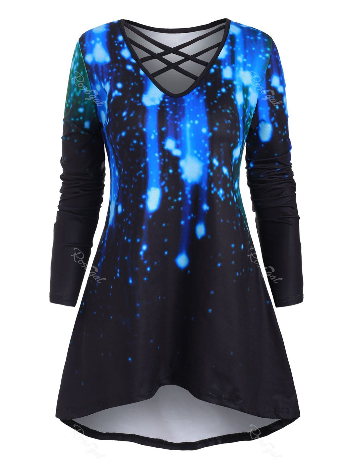 

Plus Size Criss Cross High Low 3D Galaxy Print T Shirt, Twilight black