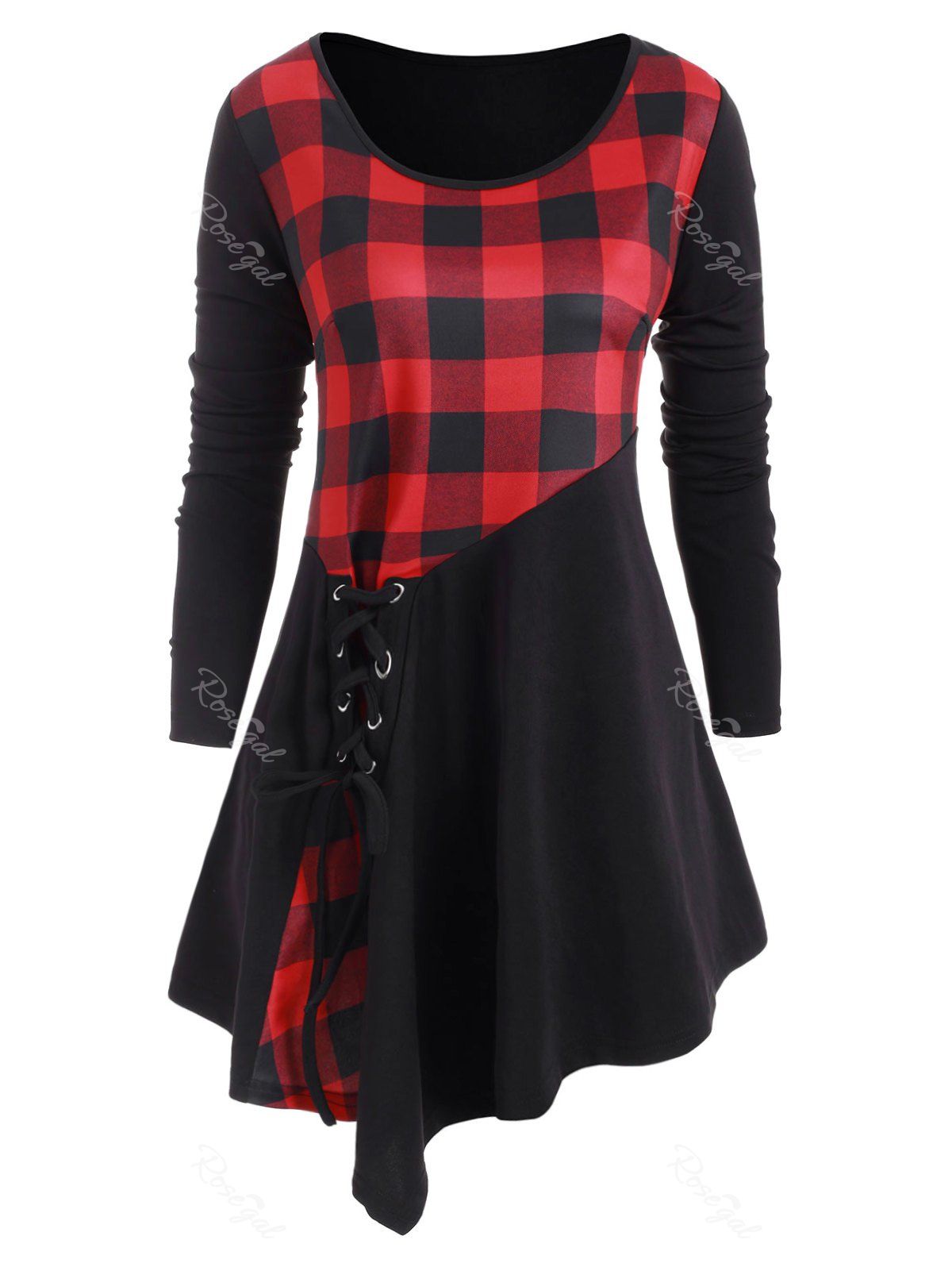 

Plus Size Asymmetric Lace Up Plaid T Shirt, Black