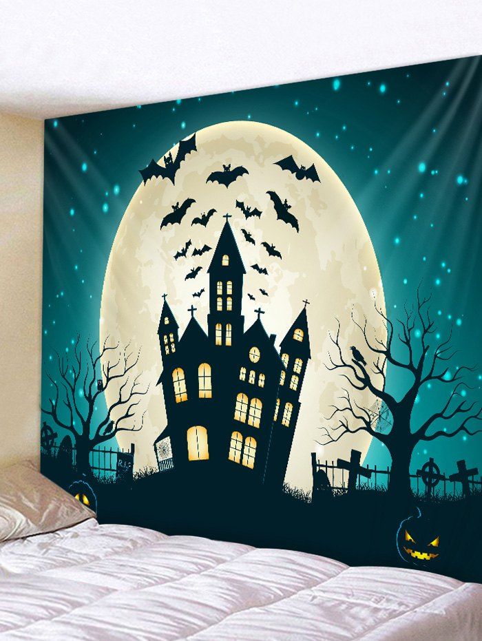 

Halloween Pumpkins Castle Bat Printed Pattern Tapestry, Dodger blue