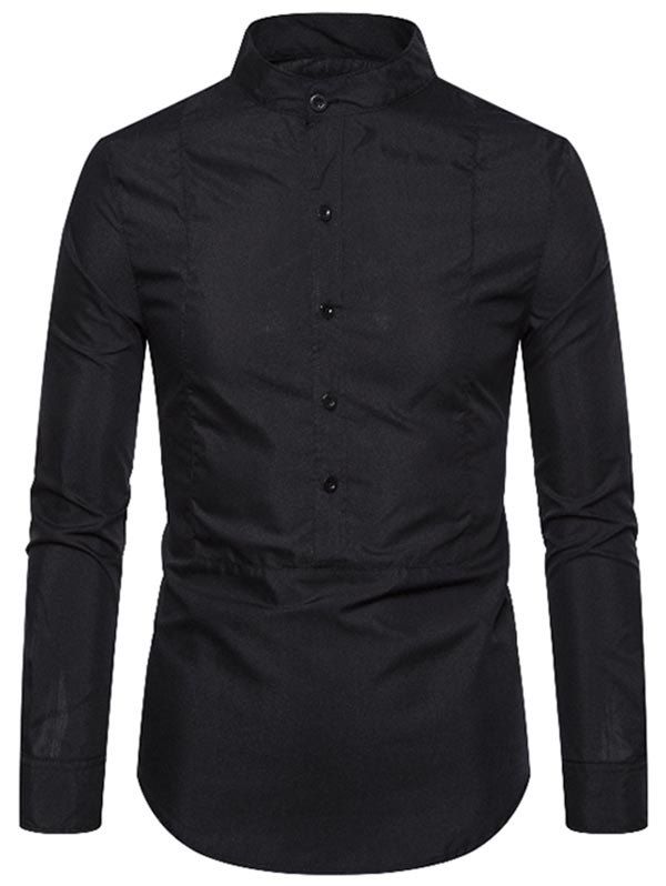 

Plain Stand Collar Front Button Pullover Shirt, Black