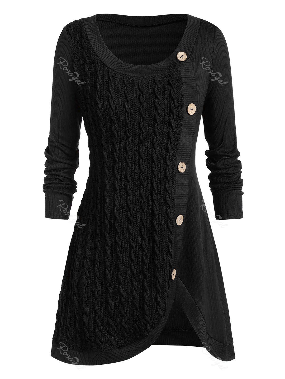 

Plus Size Split Buttoned Cable Knit Sweater, Black