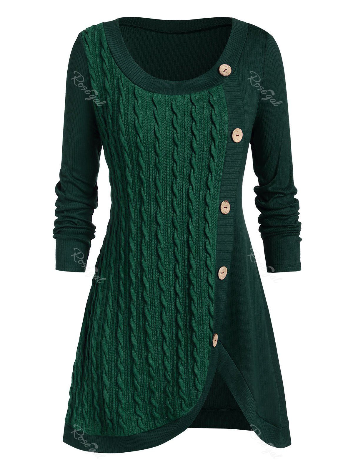 Plus Size Split Buttoned Cable Knit Sweater, Medium sea green