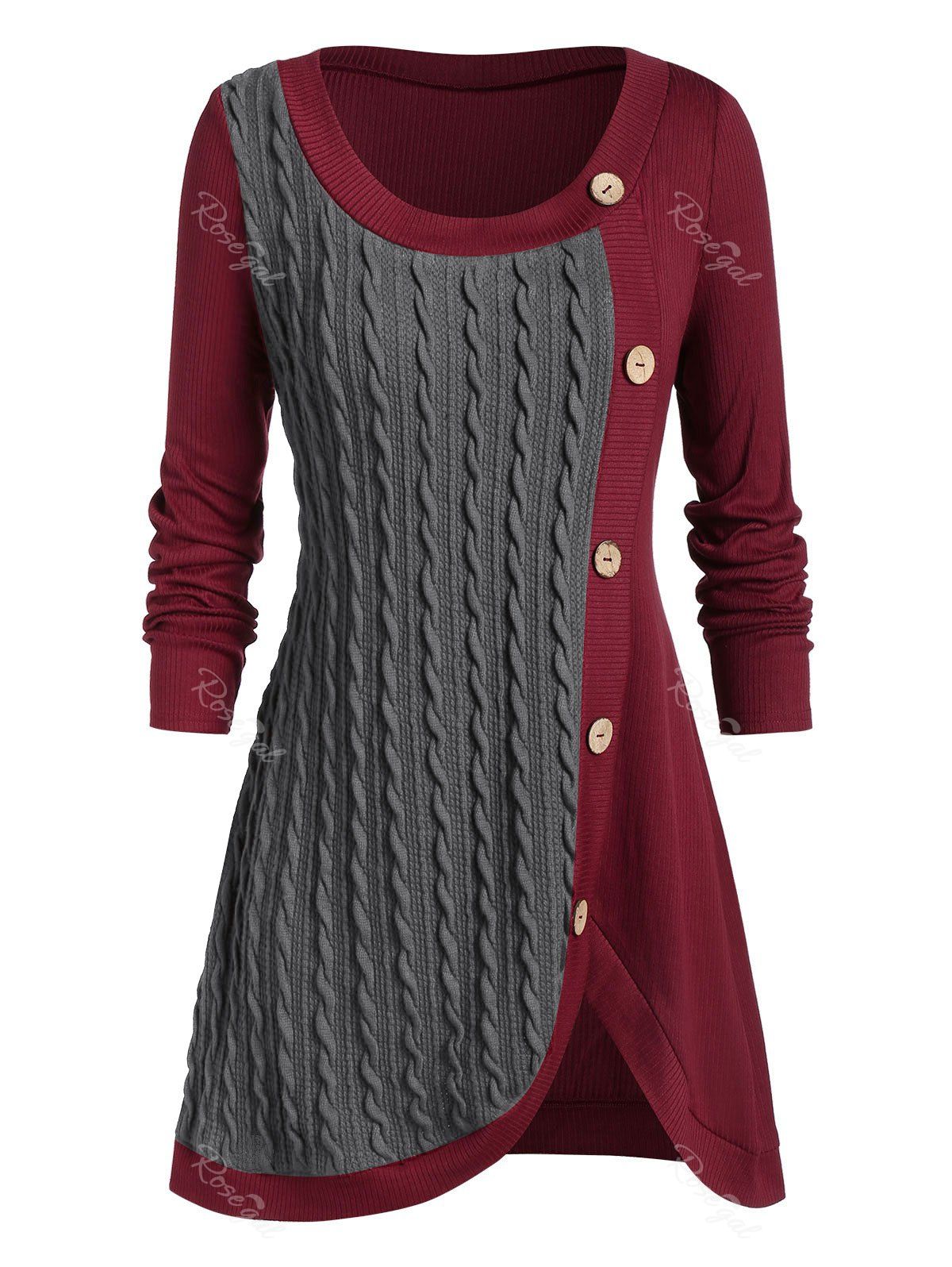 

Plus Size Split Buttoned Cable Knit Sweater, Dark gray