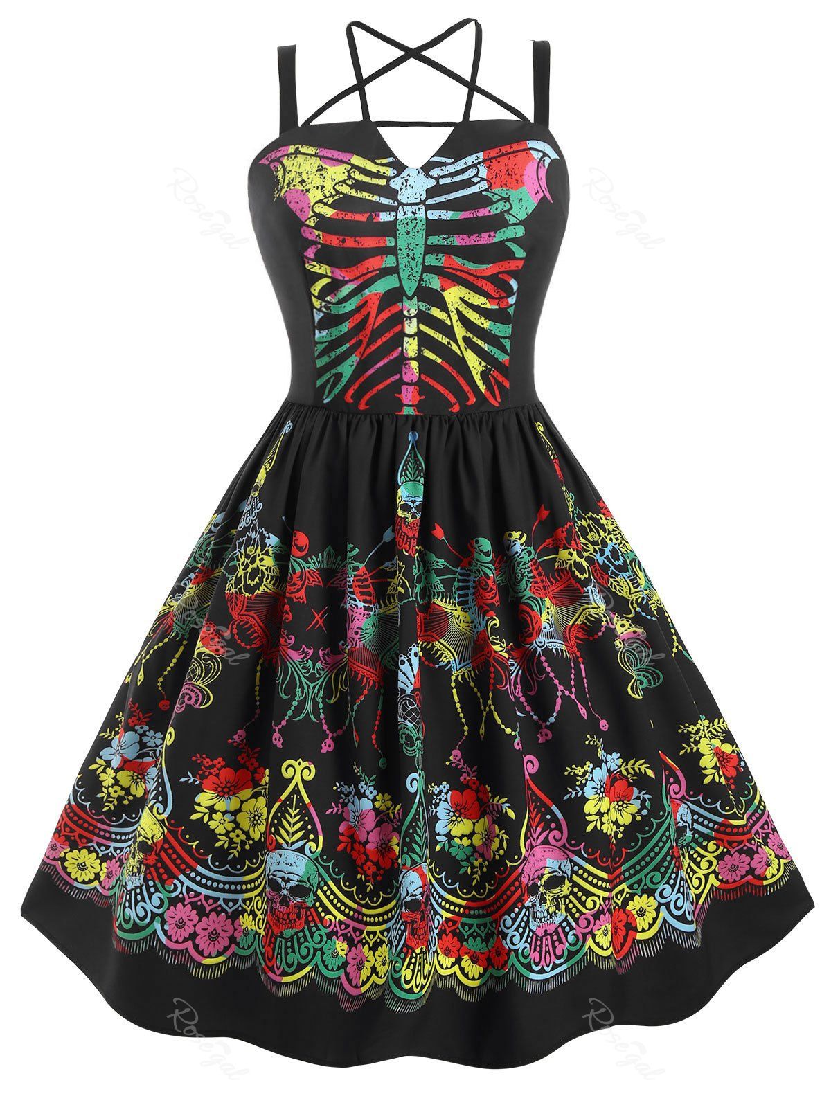

Skeleton Print Harness Criss Cross Halloween Plus Size Dress, Night