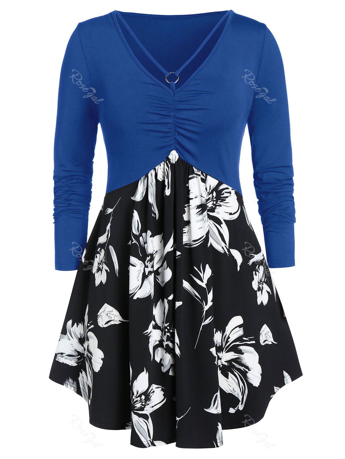 

Plus Size Floral Print Cut Out Tunic T Shirt, Blueberry blue