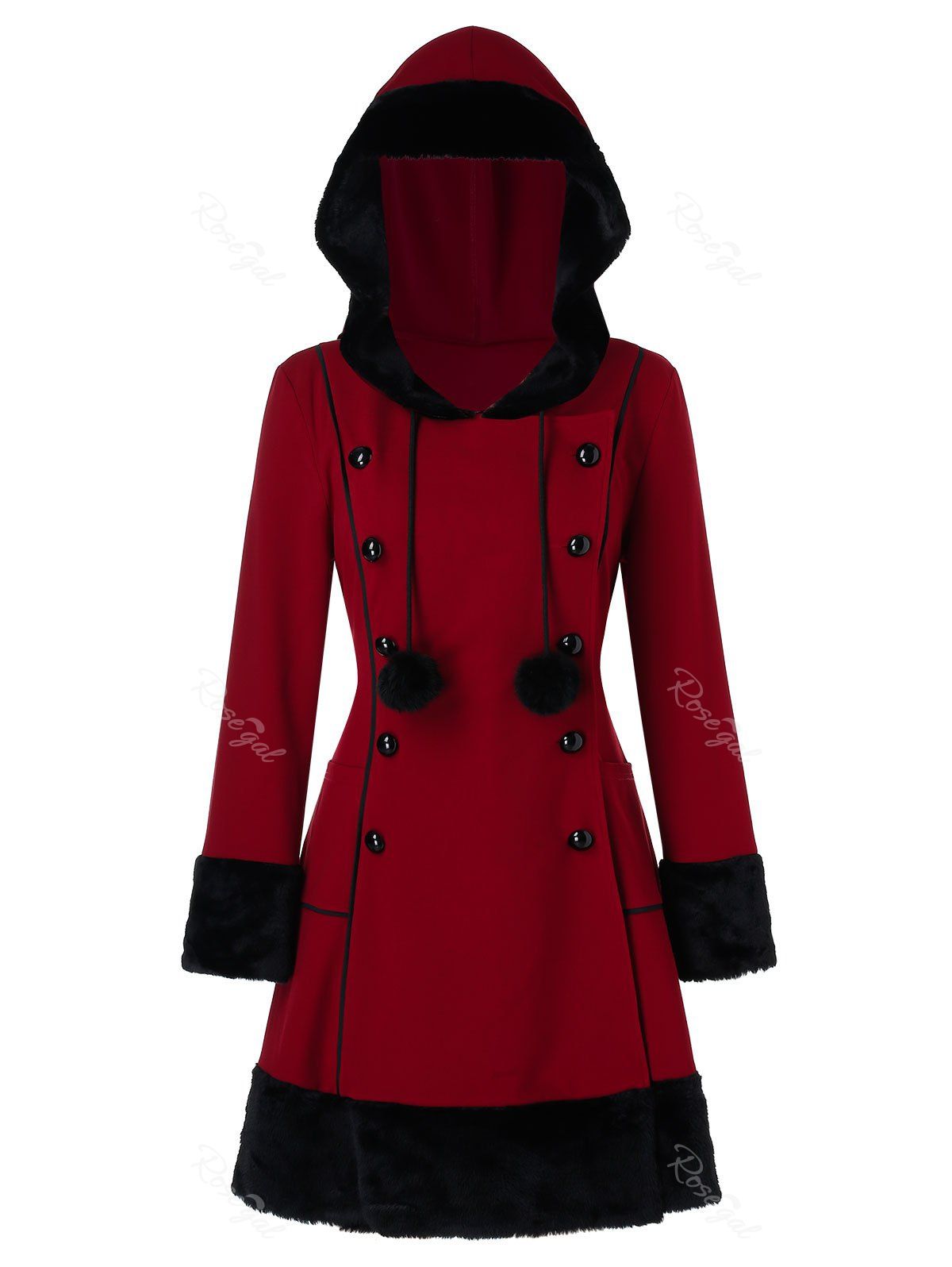 

Plus Size Faux Fur Panel Contrast Button Coat, Red wine