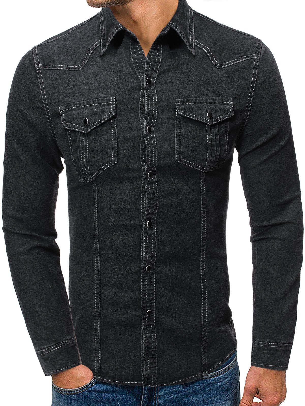 

Pocket Decoration Stitching Long-sleeved Denim Shirt, Black